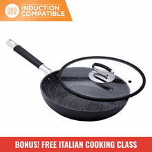 DaTerra Cucina 11-inch ceramic nonstick frying pan with tempered glass lid and stainless steel handle, volcanic black speckled finish