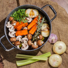 Carrots, mushrooms, celery and onions in the DaTerra Cucina Dutch oven, prepped for making soup stock