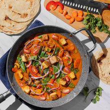 Vegetable and tofu curry cooked in the DaTerra Cucina 13-inch nonstick ceramic frying pan, served with tortillas