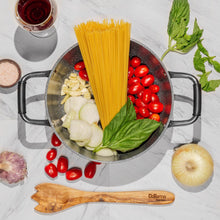 Spaghetti, tomatoes, garlic and basil in a DaTerra Cucina pot, prepped for cooking