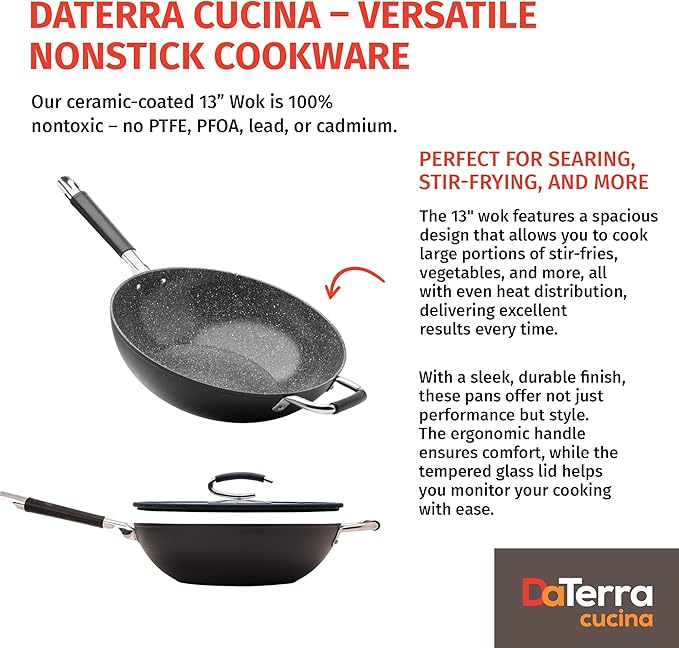 13” Nonstick Ceramic Wok with Lid | Made in Italy | Induction