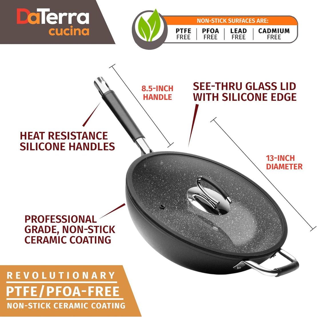 13” Nonstick Ceramic Wok with Lid | Made in Italy | Induction