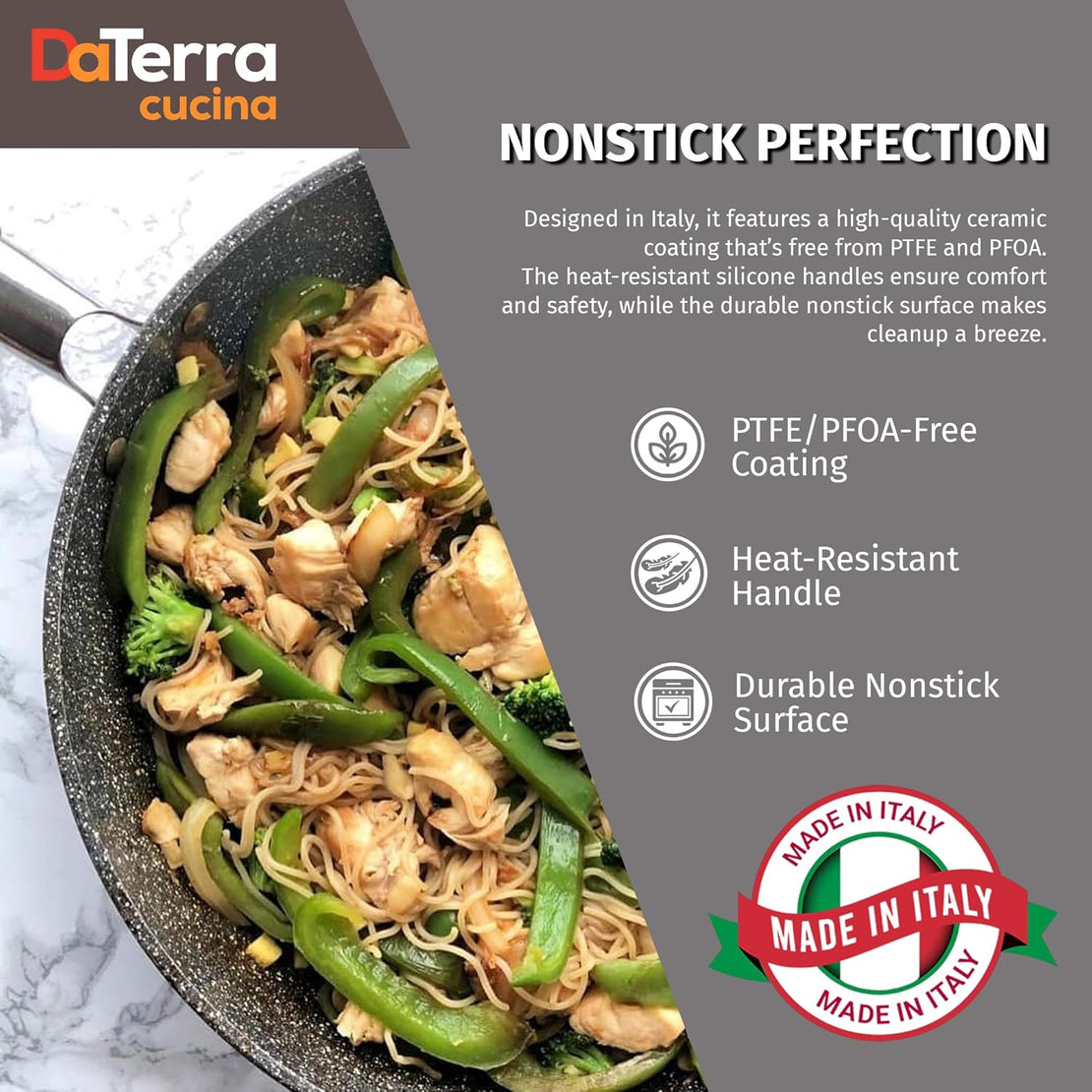 13” Nonstick Ceramic Wok with Lid | Made in Italy | Induction
