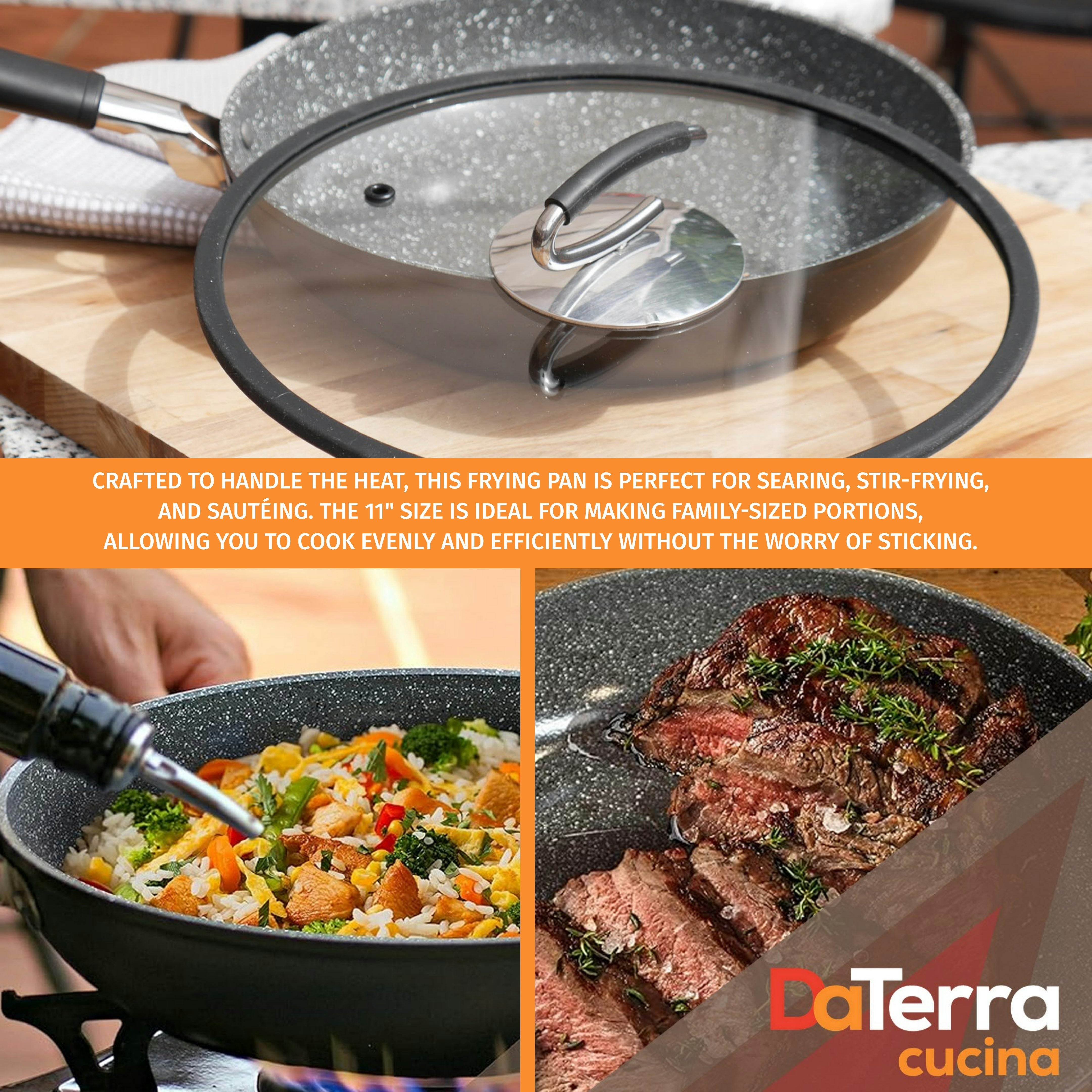 Collage of the 11-inch DaTerra Cucina frying pan in use: searing stir-fried vegetables outdoors, browning a steak, and resting with its glass lid on a wooden board