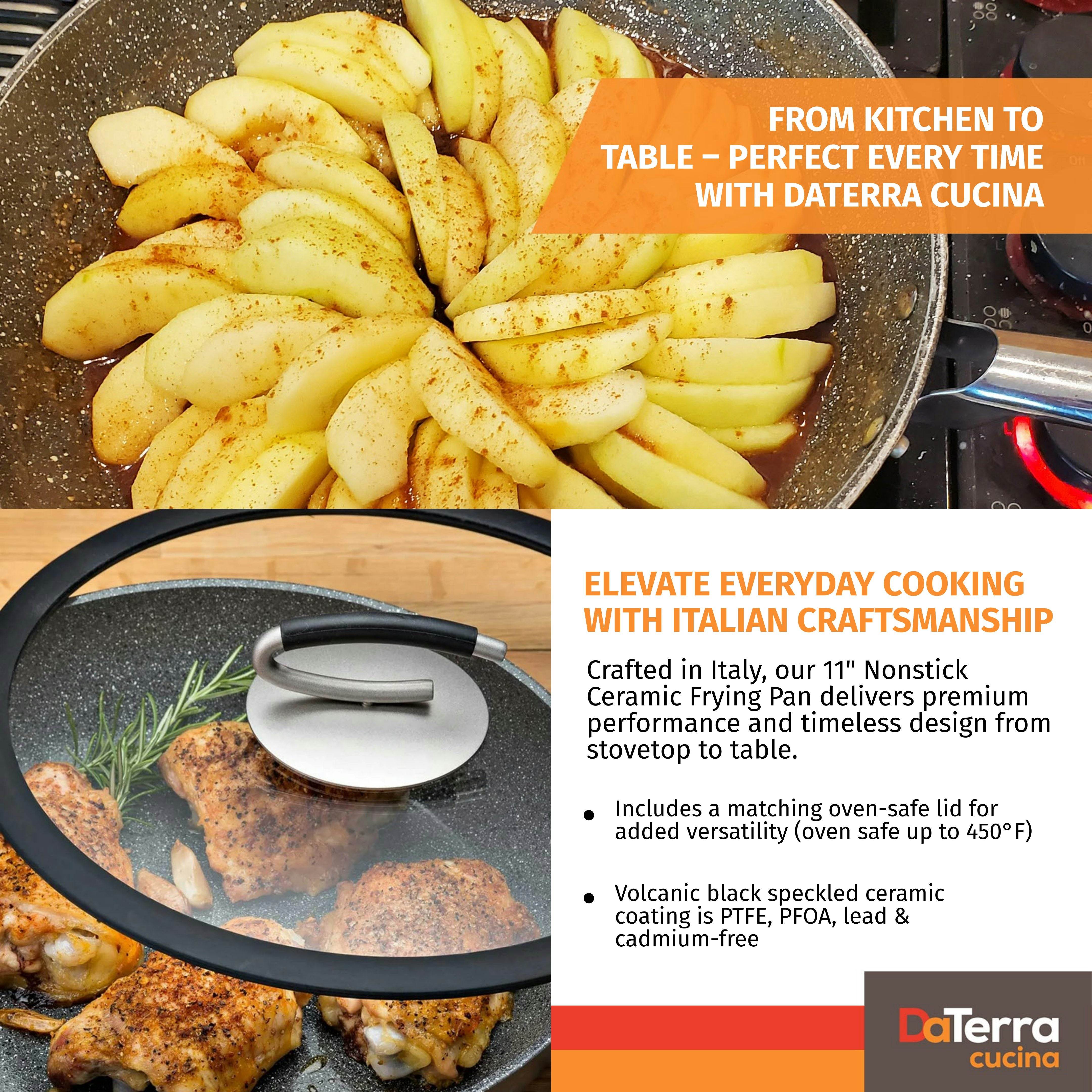 Roasted potato wedges and seared chicken thighs cooked in the DaTerra Cucina 11-inch ceramic frying pan, showing its oven-safe glass lid