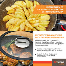Roasted potato wedges and seared chicken thighs cooked in the DaTerra Cucina 11-inch ceramic frying pan, showing its oven-safe glass lid