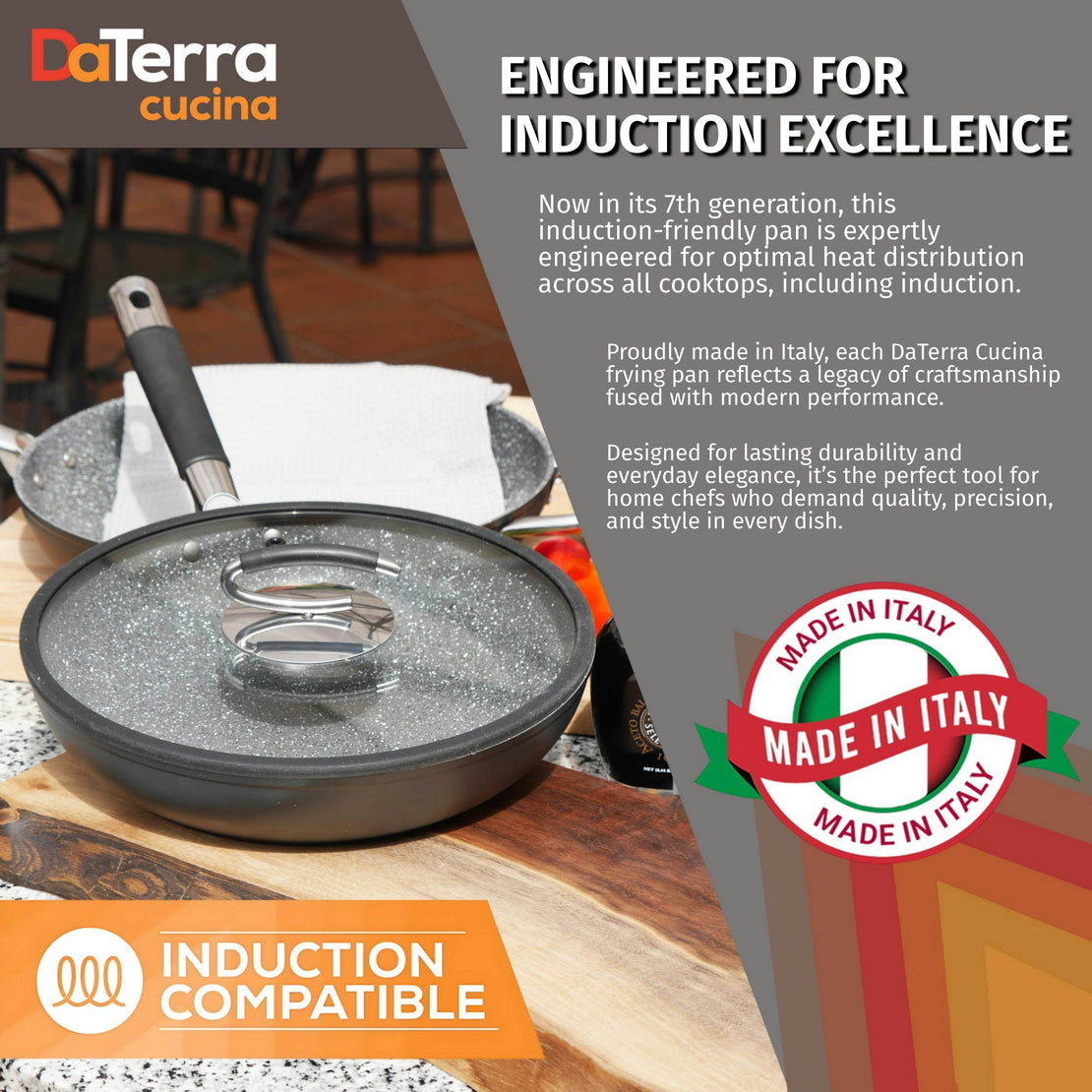 DaTerra Cucina 11-inch induction-compatible frying pan with glass lid displayed on a rustic wood table, Made in Italy seal