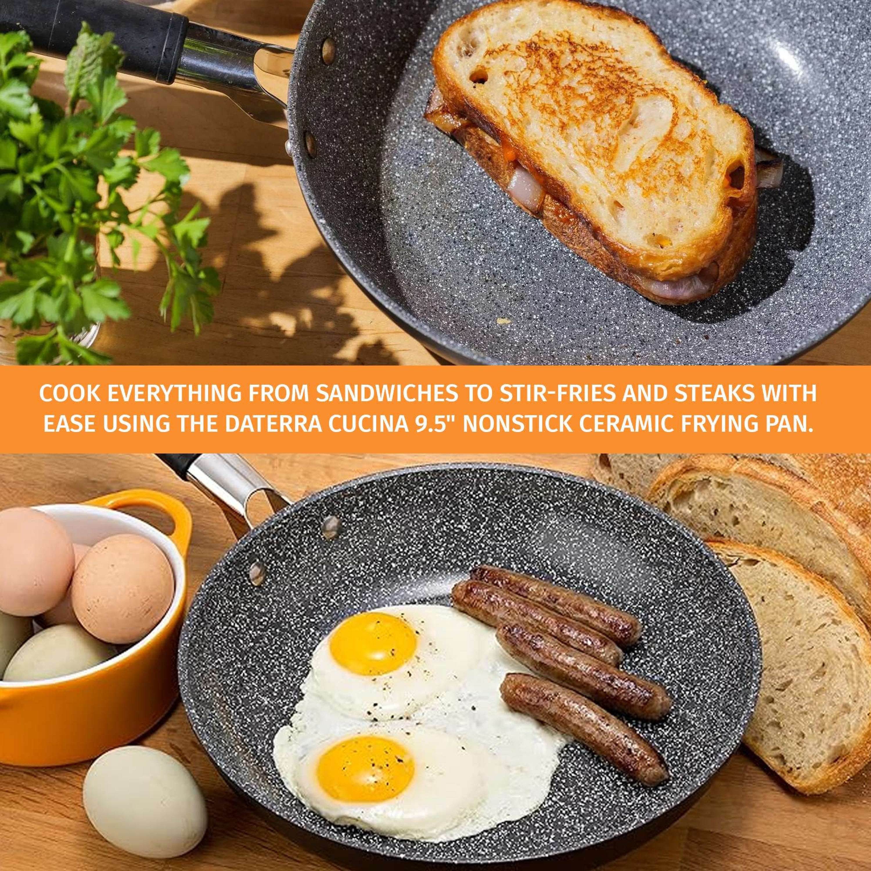 DaTerra Cucina graphic: a grilled ham and cheese sandwich in the 9.5-inch frying pan above a scene of fried eggs and sausage links with bread and fresh eggs, captioned 