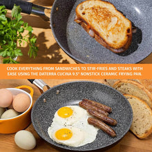 DaTerra Cucina graphic: a grilled ham and cheese sandwich in the 9.5-inch frying pan above a scene of fried eggs and sausage links with bread and fresh eggs, captioned 