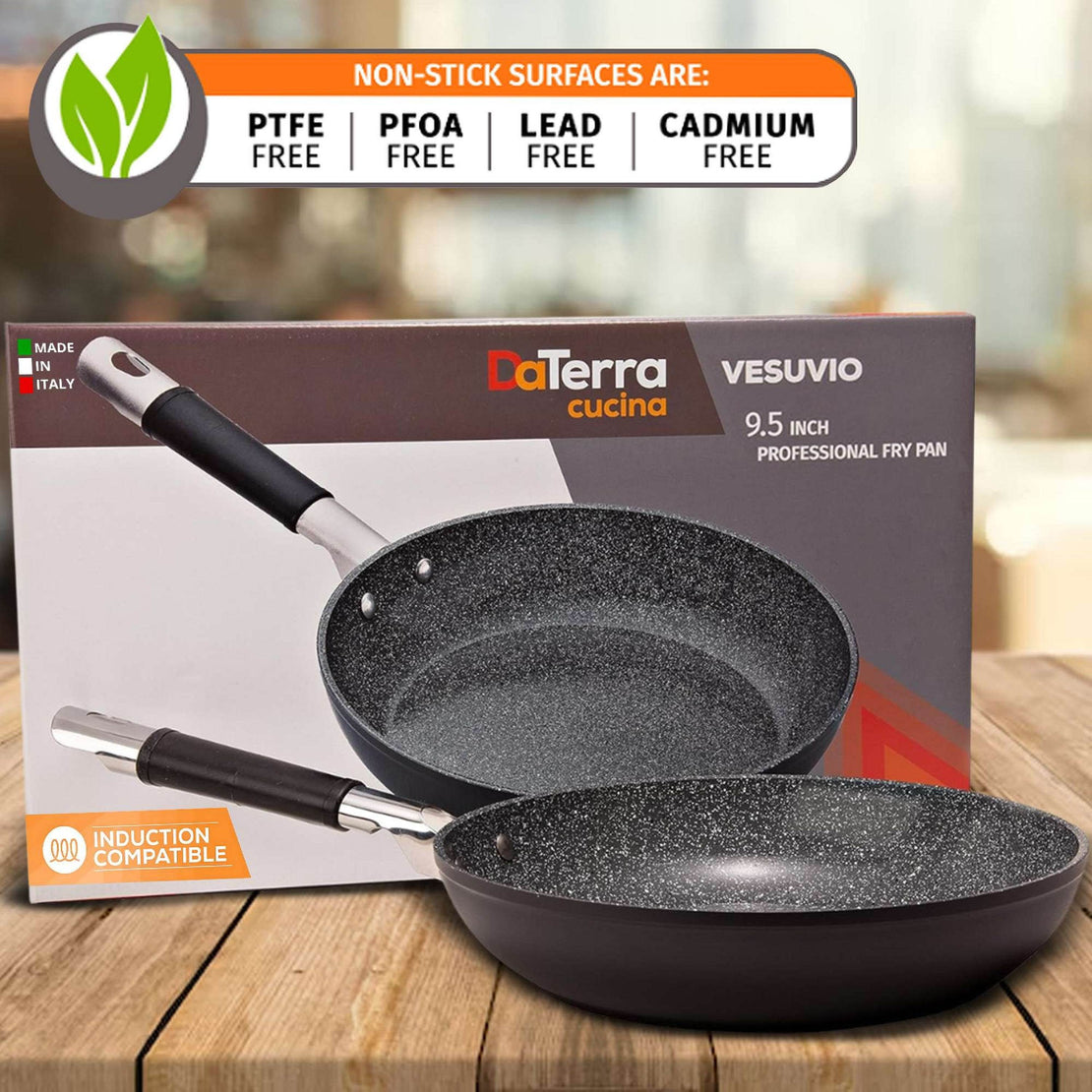 DaTerra Cucina 9.5-inch frying pan with retail packaging on a wooden table, badge highlighting the PTFE, PFOA, lead, and cadmium-free nonstick coating