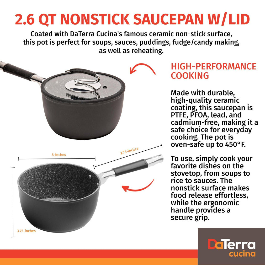 2.6 Qt Nonstick Saucepan w/Lid | Made in Italy | Induction