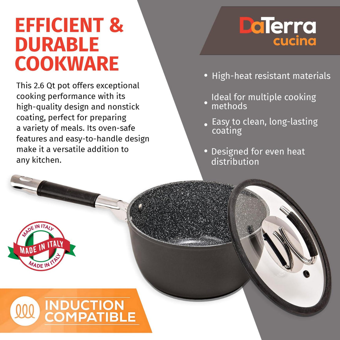2.6 Qt Nonstick Saucepan w/Lid | Made in Italy | Induction