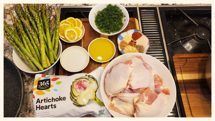 One Pan Spring Chicken with Artichokes and Asparagus